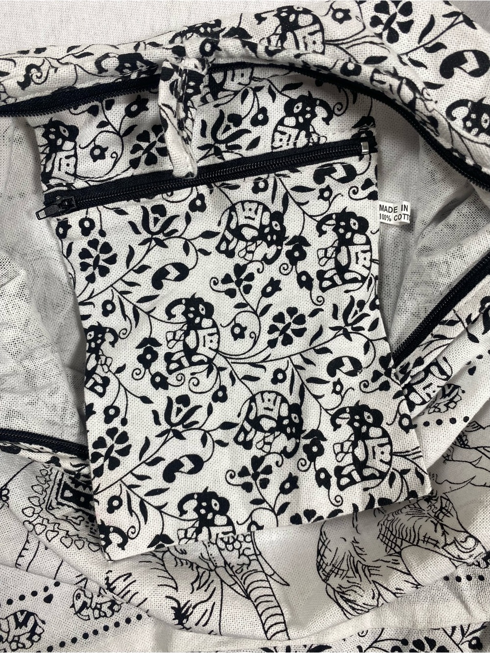 Thai Cotton Elephant Print Boho Shoulder Crossbody Bag Black White - Picture 9 of 10